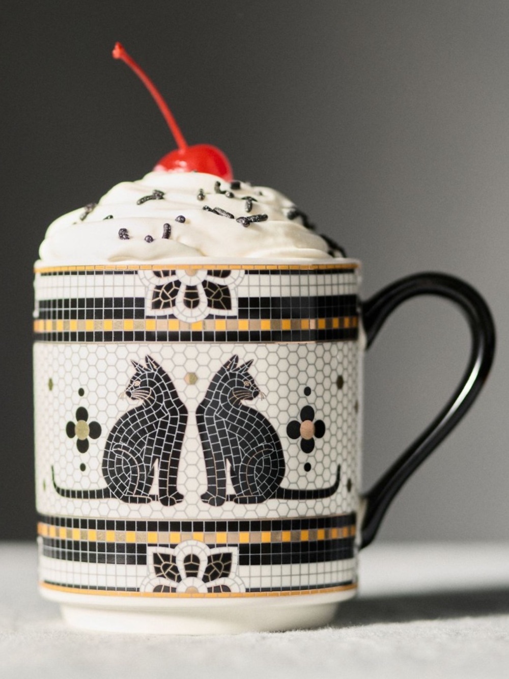 Bistro Tile cat mug w 24KGold accents Anthropologie Halloween edition